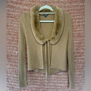 Camel Ribbed Cardigan with Faux Fur Trim